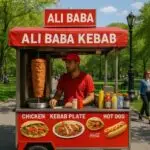 Street food cart with a sign reading 'ALI BABA' and 'ALI BABA DONER KEBAB menu'. The cart is serving chicken kebab plates and hot dogs, with condiments and drinks visible in front. A vendor in a red shirt is standing behind the cart, preparing food. The scene is set outdoors with trees and people walking in the background