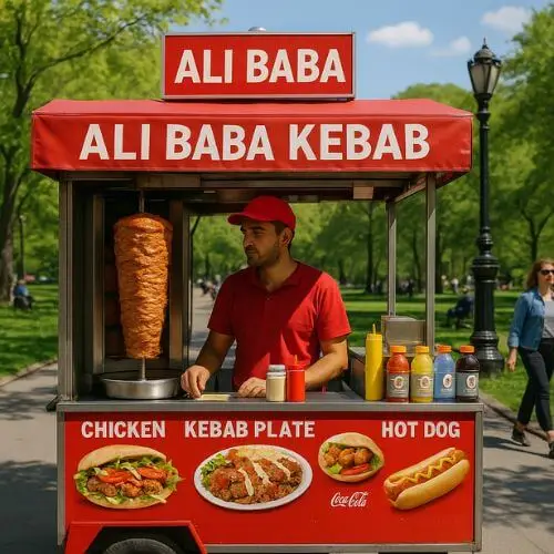 Street food cart with a sign reading 'ALI BABA' and 'ALI BABA DONER KEBAB menu'. The cart is serving chicken kebab plates and hot dogs, with condiments and drinks visible in front. A vendor in a red shirt is standing behind the cart, preparing food. The scene is set outdoors with trees and people walking in the background