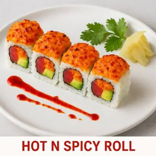 Hot N Spicy Roll menu, featured on SouthIslamabadEats, a delicious sushi roll with vibrant colors and a spicy kick.