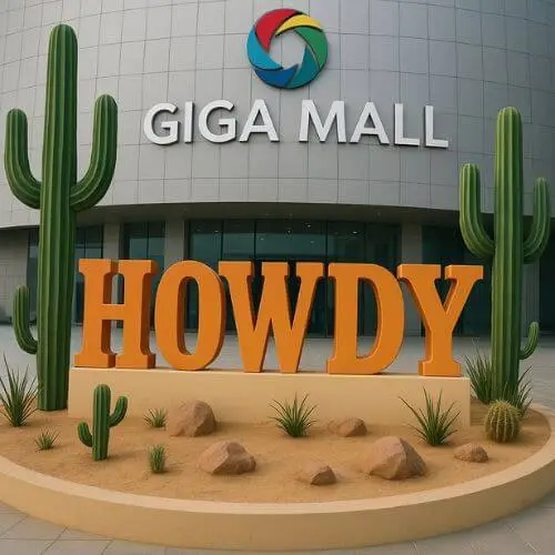 Howdy sign at Giga Mall, featured on SouthIslamabadEats, welcoming visitors to a top shopping destination.