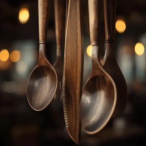 Wooden spoons and kitchen utensils hanging, representing the local food scene and dining culture in South Islamabad, featured on South Islamabad Eats.