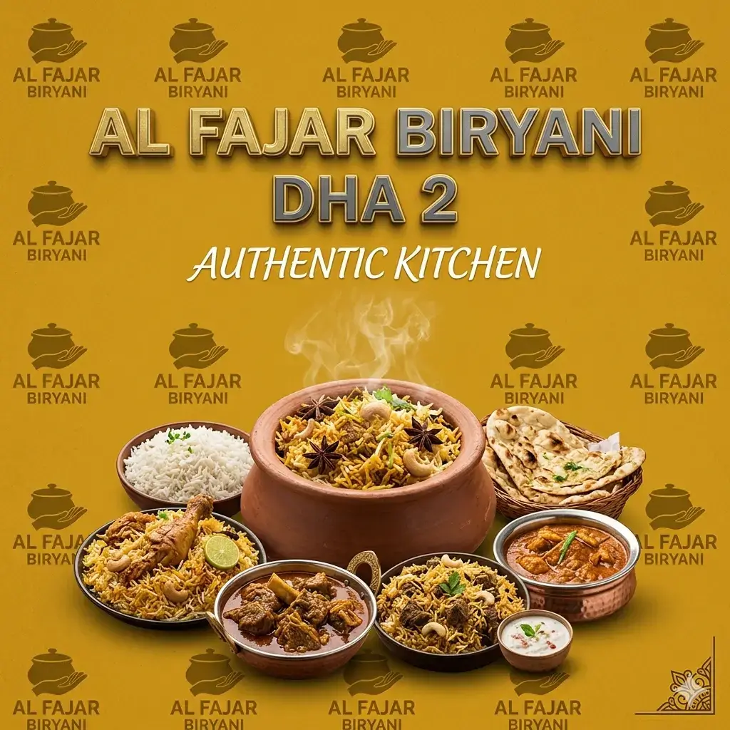 features a rich golden, textured background repeating the "AL FAJAR BIRYANI" logo and pot icon. The text "AL FAJAR BIRYANI," "DHA 2," and "AUTHENTIC KITCHEN" is prominently displayed at the top. The foreground showcases a lavish spread of Pakistani cuisine, centered around a steaming clay pot of rice garnished with star anise, cashews, and herbs. Surrounding the central dish are various complementary items, including a plate of chicken biryani, bowls of meat curry, a small container of raita, a portion of plain white rice, and a basket of freshly baked naan bread.