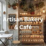 A cozy Artisan Bakery & Café with a beautiful arrangement of plants, showcasing freshly baked goods on wooden shelves. A perfect spot for enjoying a delightful selection of treats, adding to the rich variety of South Islamabad eats.