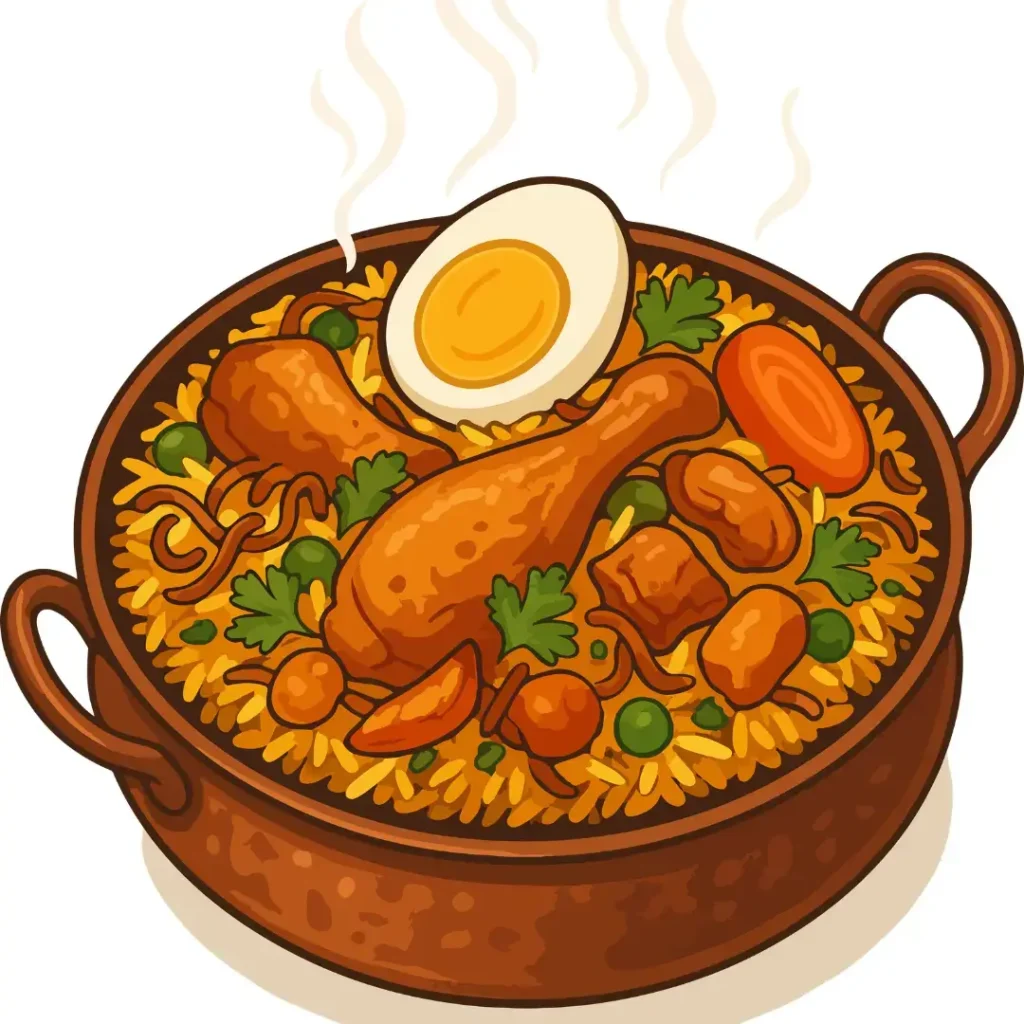 Illustration of a steaming bowl of chicken biryani topped with a halved hard-boiled egg and fresh herbs.