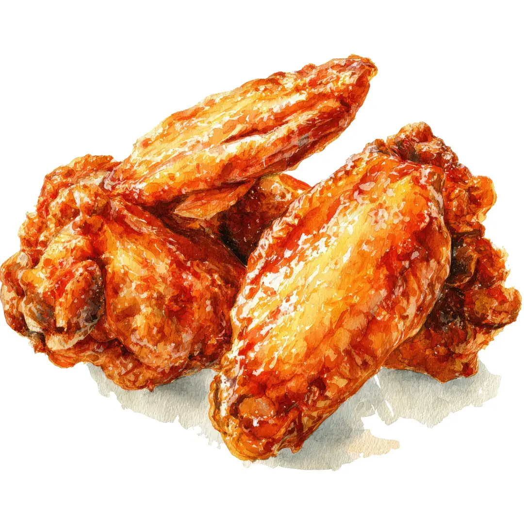 A close-up view of golden-brown, deep-fried chicken wings or pieces with a textured, crispy skin.