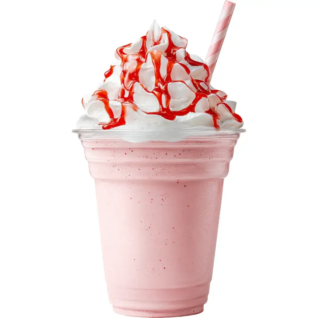 A pink blended beverage served in a transparent plastic cup, topped with a generous swirl of whipped cream and a bright red syrup drizzle, featuring a striped straw.