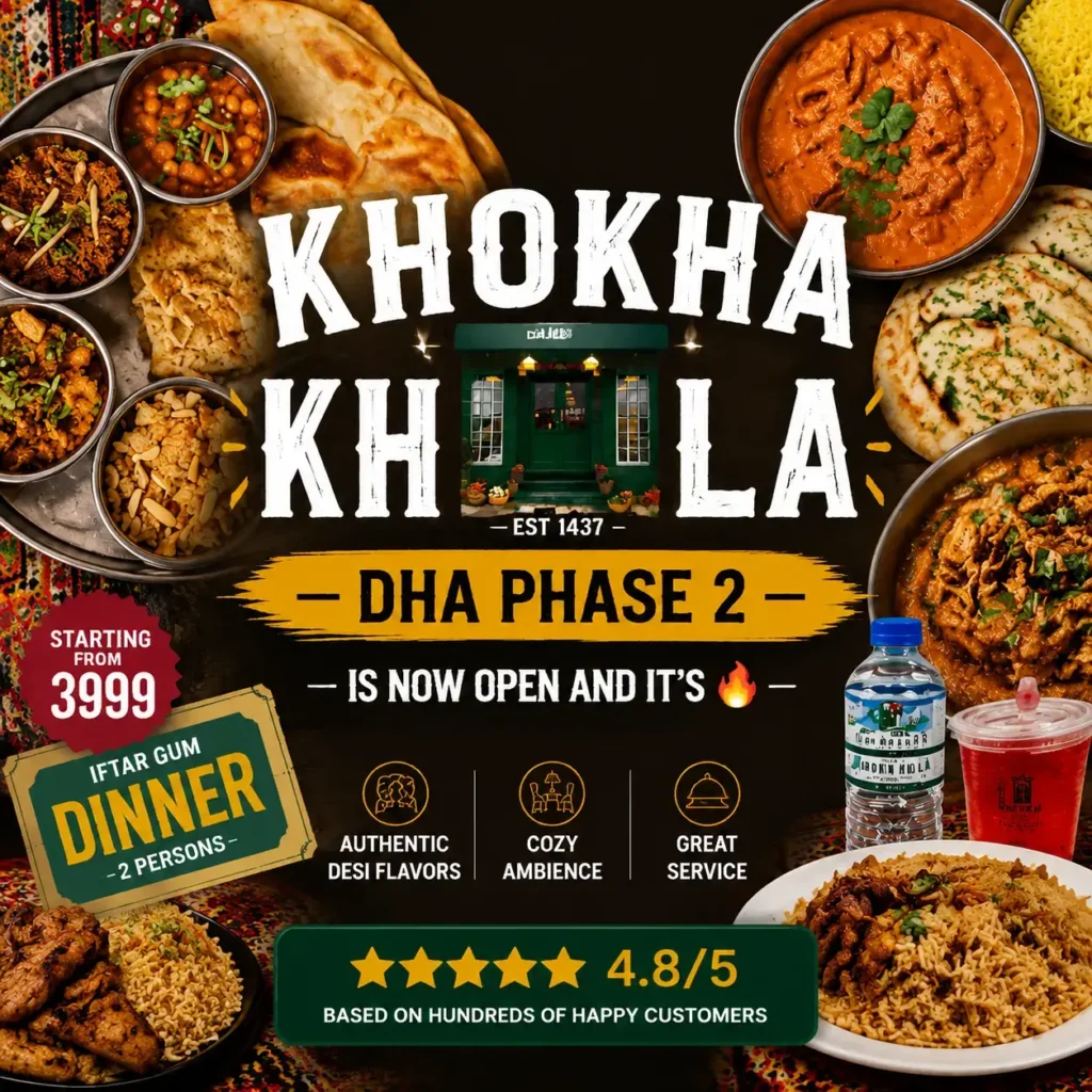 Khokha Khola DHA2 thumbnail highlighting a close-up of Indian/Pakistani dishes including curry, naan, rice, and drinks, with bold centered text 'KHOKHA KHOLA DHA PHASE 2', dark background, optimized for mobile display