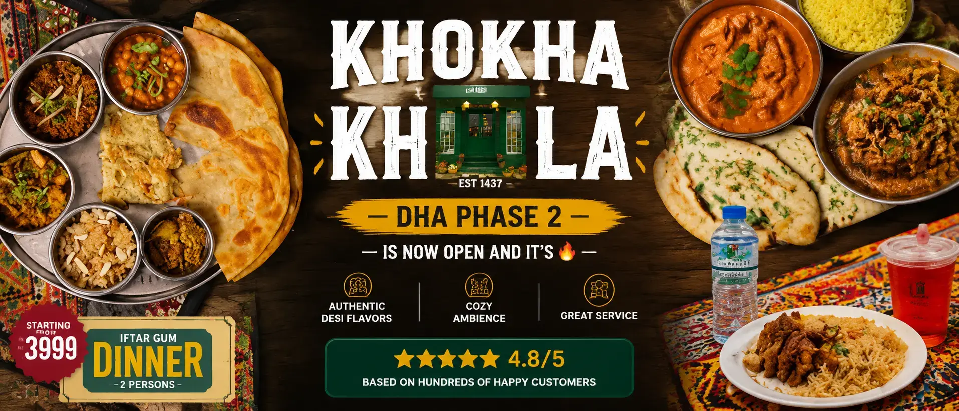 Khokha Khola DHA2 hero banner showing a top-down platter with colorful curries, breads, rice, and drinks, featuring bold central text 'KHOKHA KHOLA DHA PHASE 2', with cozy restaurant and 4.8/5 rating, mobile-optimized.