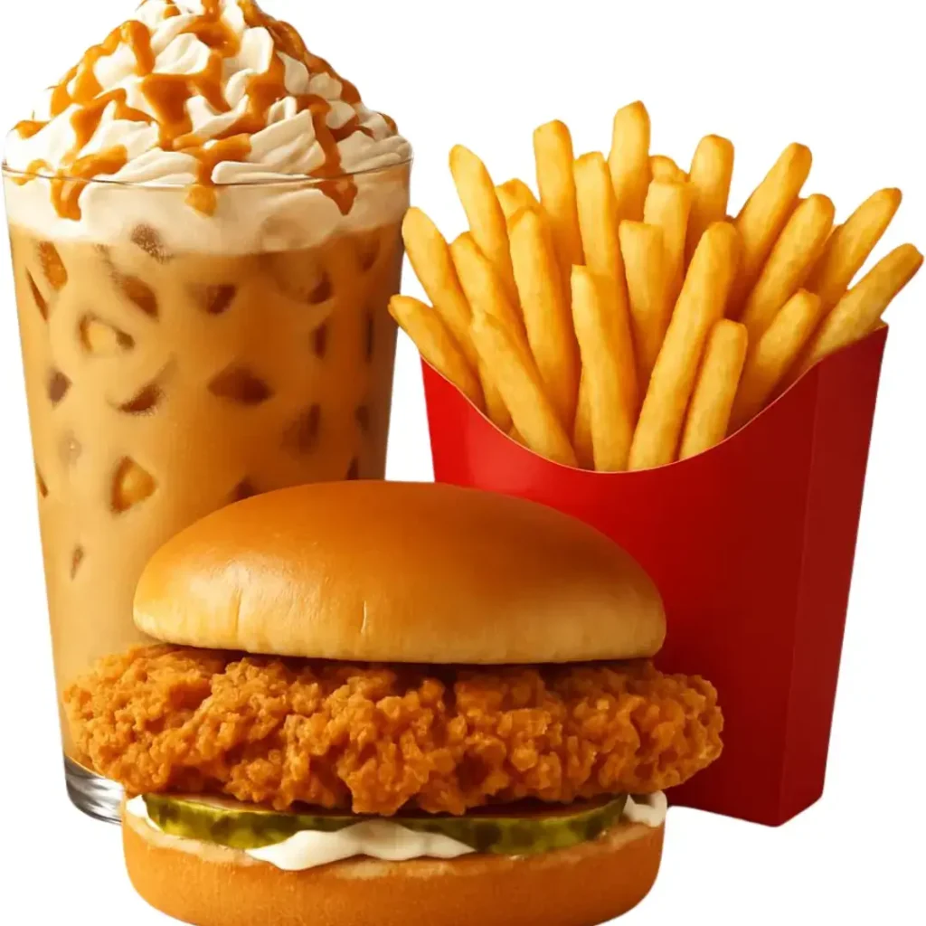 A fast-food combo meal featuring a crispy chicken burger, a side of golden french fries in a red container, and an iced beverage topped with whipped cream and caramel drizzle.