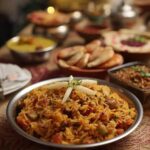 A flavorful plate of biryani from Al Fajar Biryani menu at South Islamabad Eats, served with traditional sides and garnished with onions and herbs