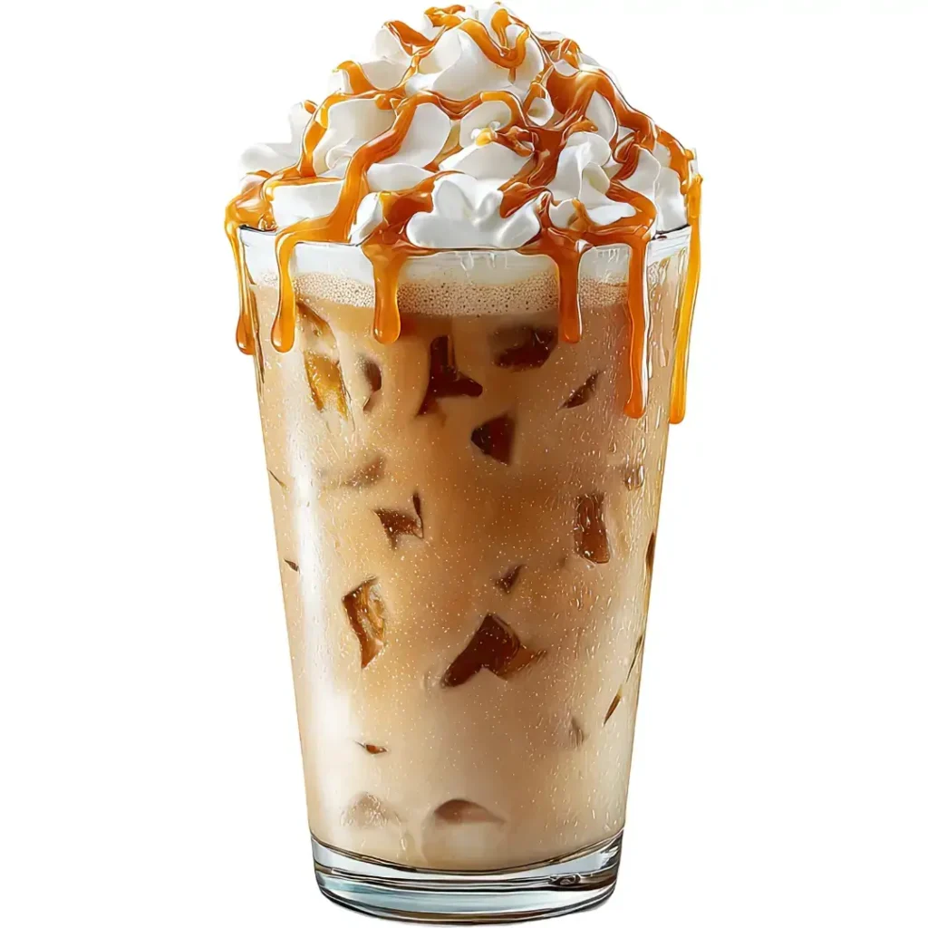 An iced coffee beverage in a clear glass, featuring a swirl of whipped cream topped with a generous caramel drizzle.