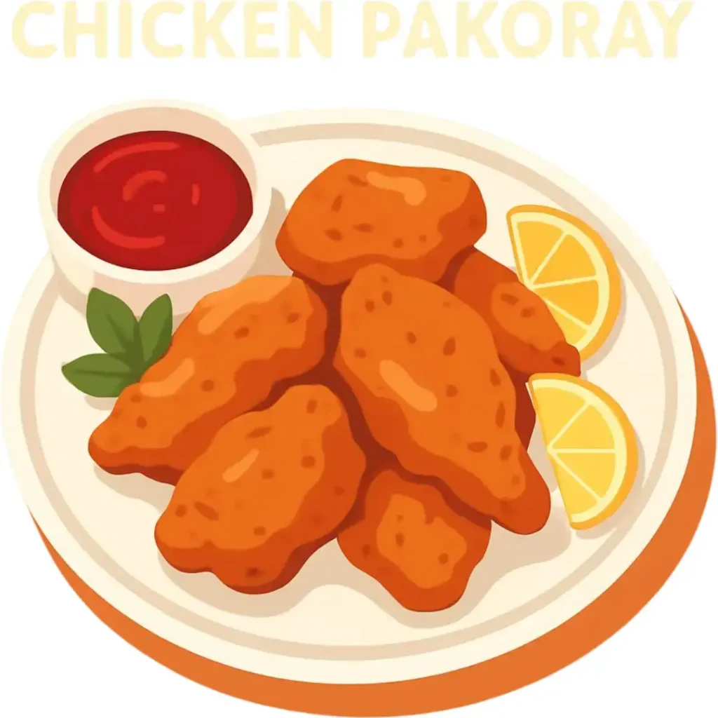 Illustration of crispy chicken pakoras served on a plate with a side of red dipping sauce and lemon wedges.