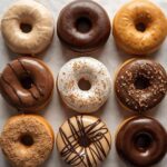 A selection of nine assorted donuts from Crusteez, featured at South Islamabad Eats. The donuts are beautifully arranged in a 3x3 grid, showcasing a variety of glazes and toppings including chocolate, vanilla, caramel, nuts, and cookie crumbs