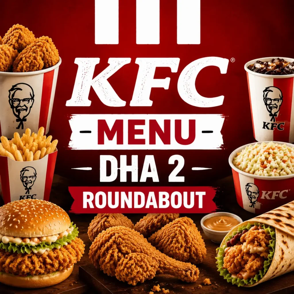 KFC Menu DHA 2 Roundabout thumbnail featuring close-up of fried chicken, burger, wrap, fries, and coleslaw with bold central KFC text, red background, clean graphic design, optimized for mobile display.