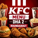 KFC Menu DHA 2 Roundabout thumbnail featuring close-up of fried chicken, burger, wrap, fries, and coleslaw with bold central KFC text, red background, clean graphic design, optimized for mobile display.