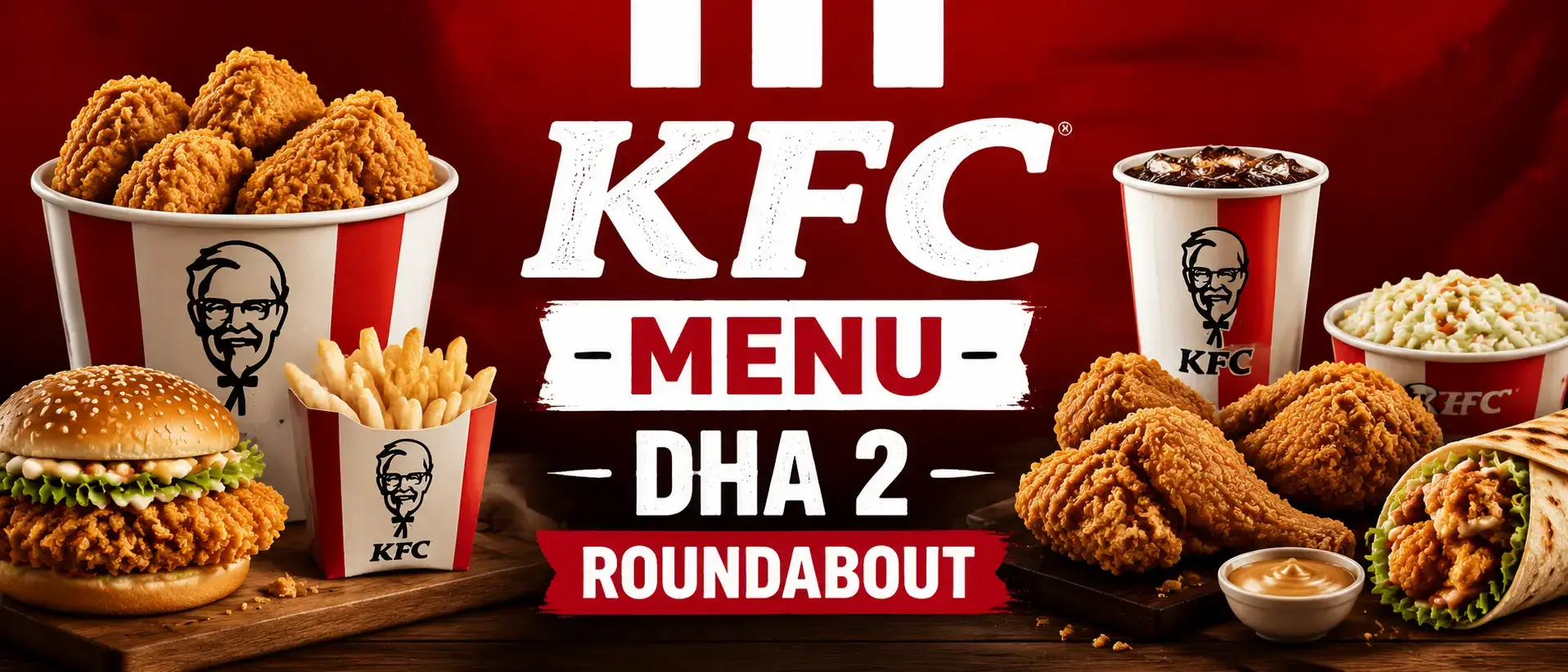 KFC Menu DHA 2 Roundabout hero banner showing a bold red background with central KFC logo and text, featuring fried chicken, burger, wrap, fries, coleslaw, and drink, with food arranged around the text, mobile-optimized and center-centered