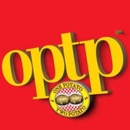 OPTP logo with bold yellow typography on a red background, featuring the tagline ‘One Potato Two Potato’ below two illustrated potatoes — representing OPTP’s signature fries and fast-food brand, popular in South Islamabad eats and known for its diverse OPTP menu.