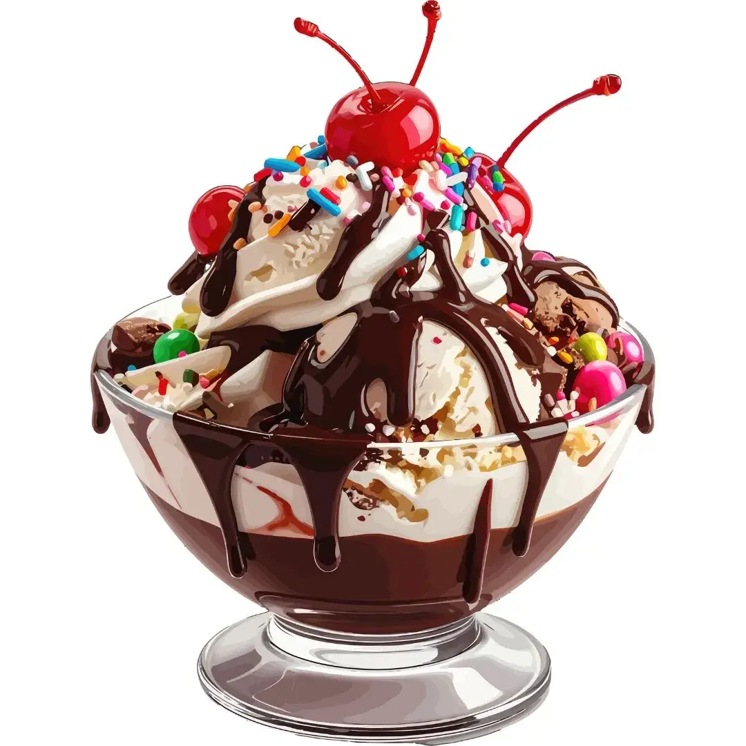 A vector illustration of a massive ice cream sundae served in a clear glass goblet against a white background. The sundae features scoops of vanilla and chocolate ice cream piled high with layers of thick chocolate fudge dripping down the sides. It is generously topped with whipped cream, colorful rainbow sprinkles, a few small round candies, and three bright red maraschino cherries with stems.