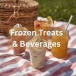 Assorted frozen treats and beverages including shakes and juices served in jars and glasses, with the text 'Frozen Treats and Beverages' overlayed. A refreshing selection from South Islamabad Eats.