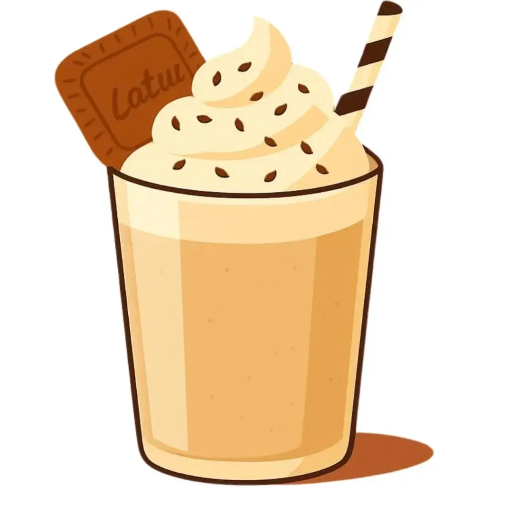 A 2D vector cartoon illustration of a Lotus Biscoff cheesecake milkshake in a clear glass against a white background. The shake is a light caramel-brown color, topped with a tall swirl of whipped cream speckled with small biscuit crumbs. A whole rectangular speculoos biscuit with stylized text is tucked into the left side of the cream, and a brown-and-white striped straw sticks out from the right.