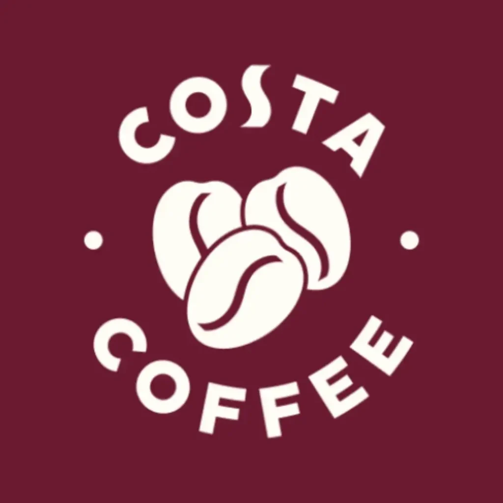 Costa Coffee logo with three coffee beans on a maroon background