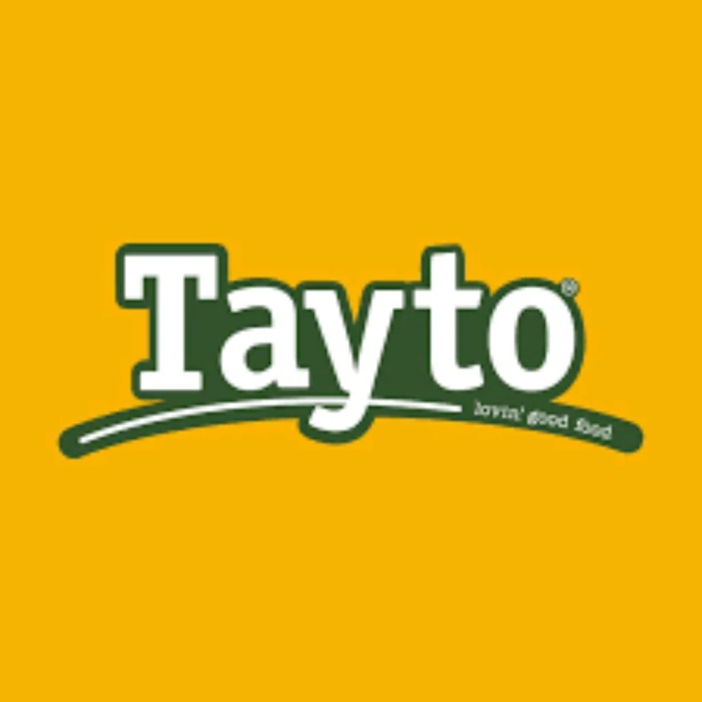 Tayto restaurant logo with white and green text on a bright yellow background.