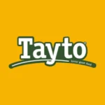 Tayto restaurant logo with white and green text on a bright yellow background.