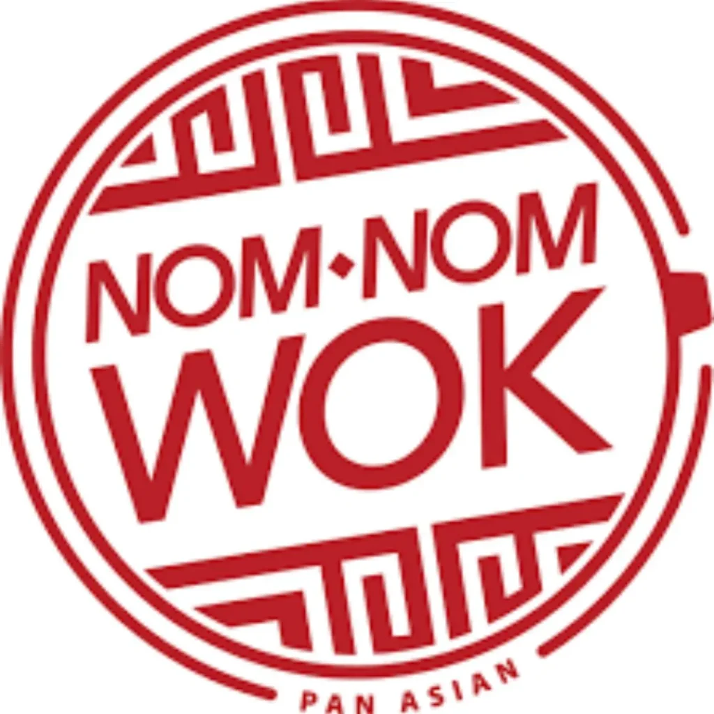 Red circular Nom Nom Wok logo with geometric Asian pattern and the words “Nom Nom Wok Pan Asian”