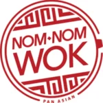 Red circular Nom Nom Wok logo with geometric Asian pattern and the words “Nom Nom Wok Pan Asian”