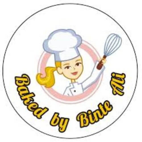 Logo of Baked by Binte Ali featuring a chef holding a whisk, with the text 'Baked by Binte Ali' written around it. The logo represents a home-based bakery offering a variety of freshly baked goods. Baked by Binte Ali is located in South Islamabad Eats and offers online orders for a range of sweet and savory items, including cakes, cinnamon rolls, savory pies, and more.