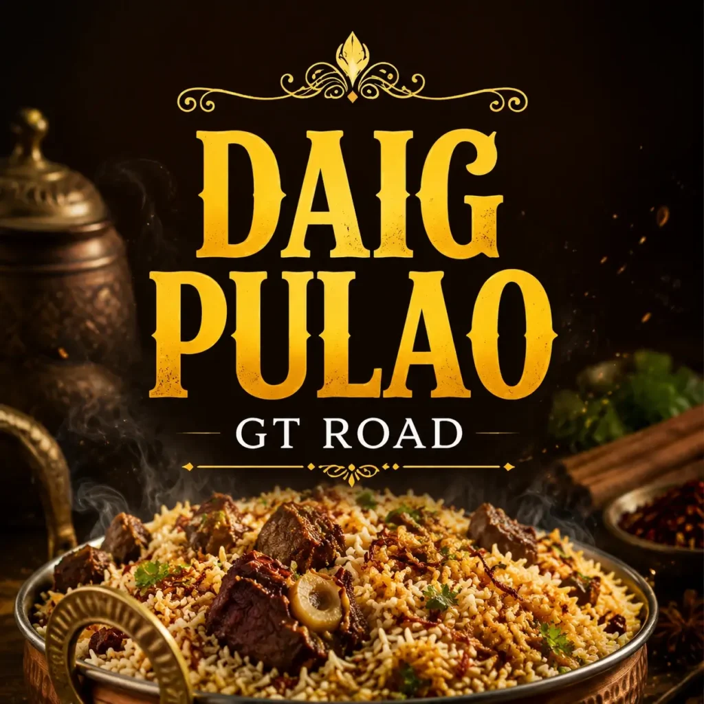 Close-up food thumbnail featuring a steaming bowl of daig pulao with tender meat and spices on a warm dark background. Centered bold gold typography reads “DAIG PULAO” with “GT ROAD” underneath, designed for mobile-friendly promotional use.