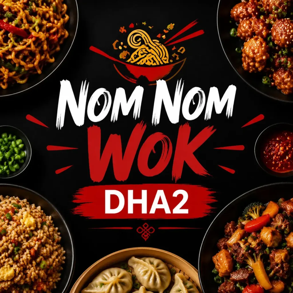 Nom Nom Wok DHA2 thumbnail featuring Chinese cuisine dishes like noodles, dumplings, and stir-fry with the restaurant logo centered in bold brushstroke text for mobile display
