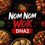 Nom Nom Wok DHA2 thumbnail featuring Chinese cuisine dishes like noodles, dumplings, and stir-fry with the restaurant logo centered in bold brushstroke text for mobile display