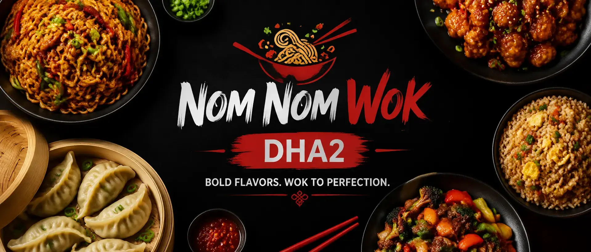 Nom Nom Wok DHA2 hero banner showing top-down Chinese dishes including noodles, dumplings, and stir-fried vegetables with bold Nom Nom Wok logo centered for mobile optimization