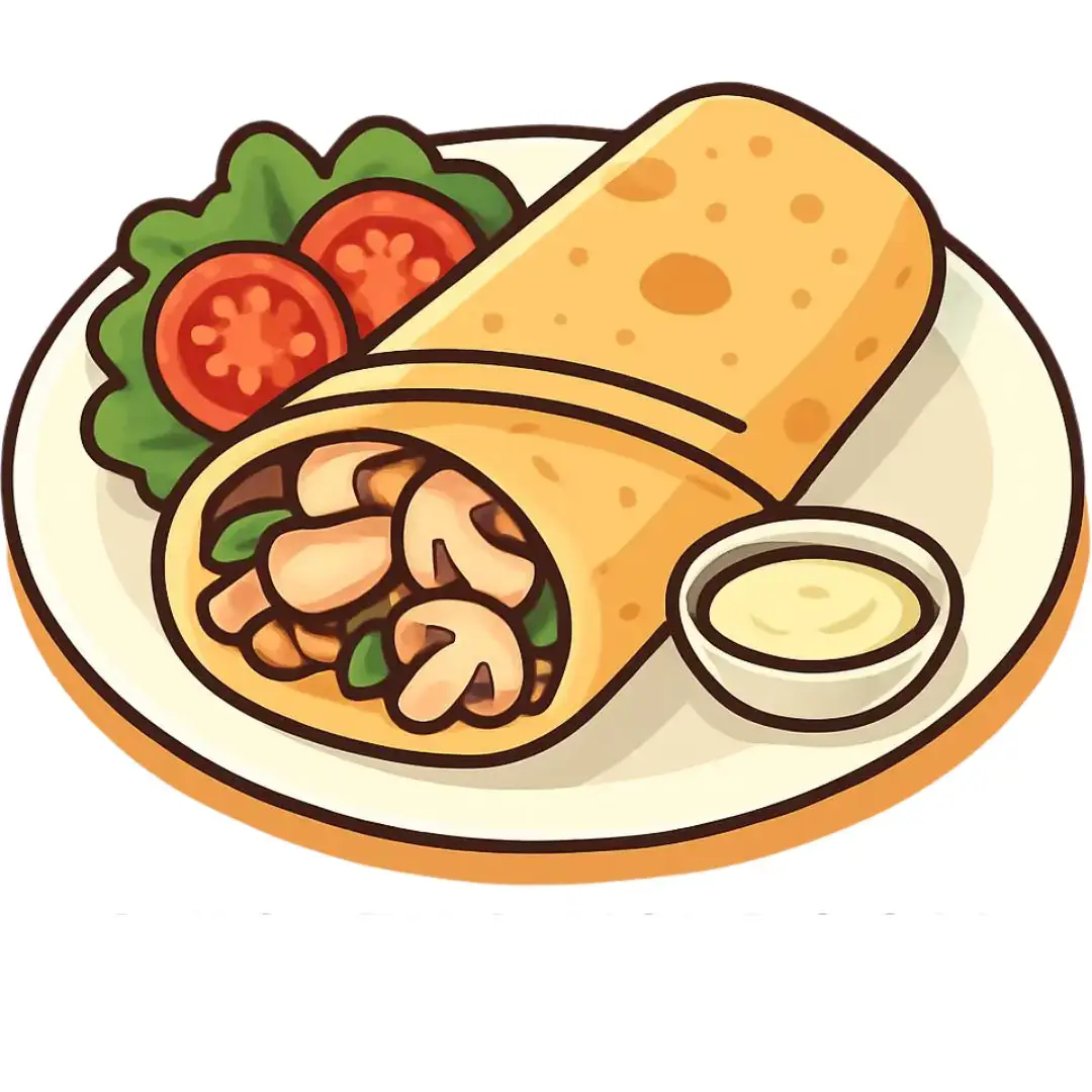 An illustration of a savory crepe roll filled with mushrooms and vegetables, served on a plate with a side of lettuce, sliced tomatoes, and a small bowl of white dipping sauce.