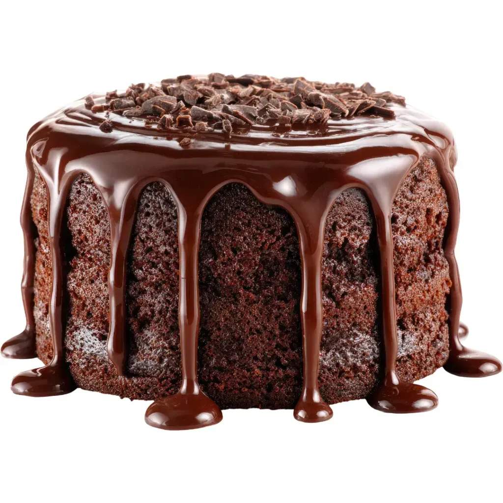 A round chocolate cake featuring a glossy, rich chocolate ganache icing dripping down the sides and topped with chocolate shavings, isolated on a white background.