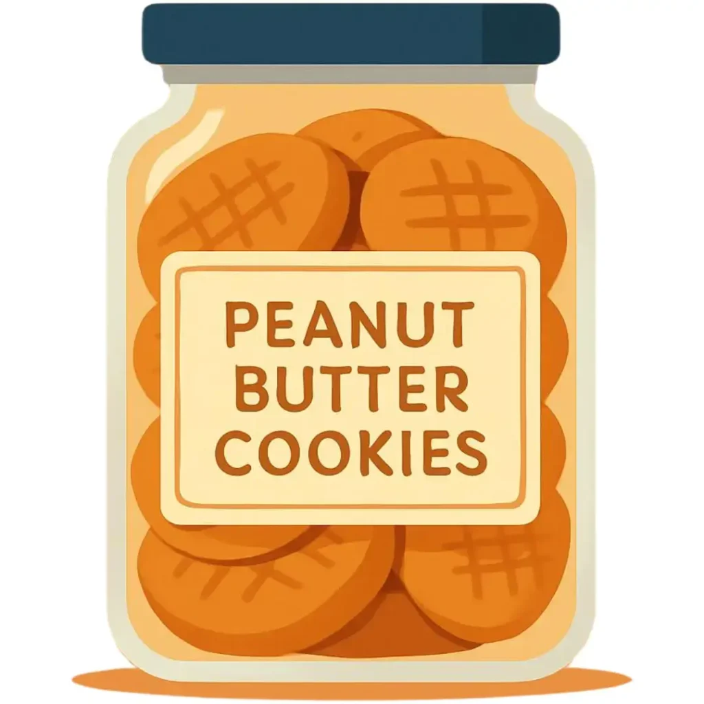 A stylized illustration of a glass jar filled with round peanut butter cookies, featuring a clear label on the front that reads "PEANUT BUTTER COOKIES".