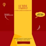 EGOOS restaurant promotional poster showing logo, 25% discount offer, and location in DHA Phase 2 Islamabad.