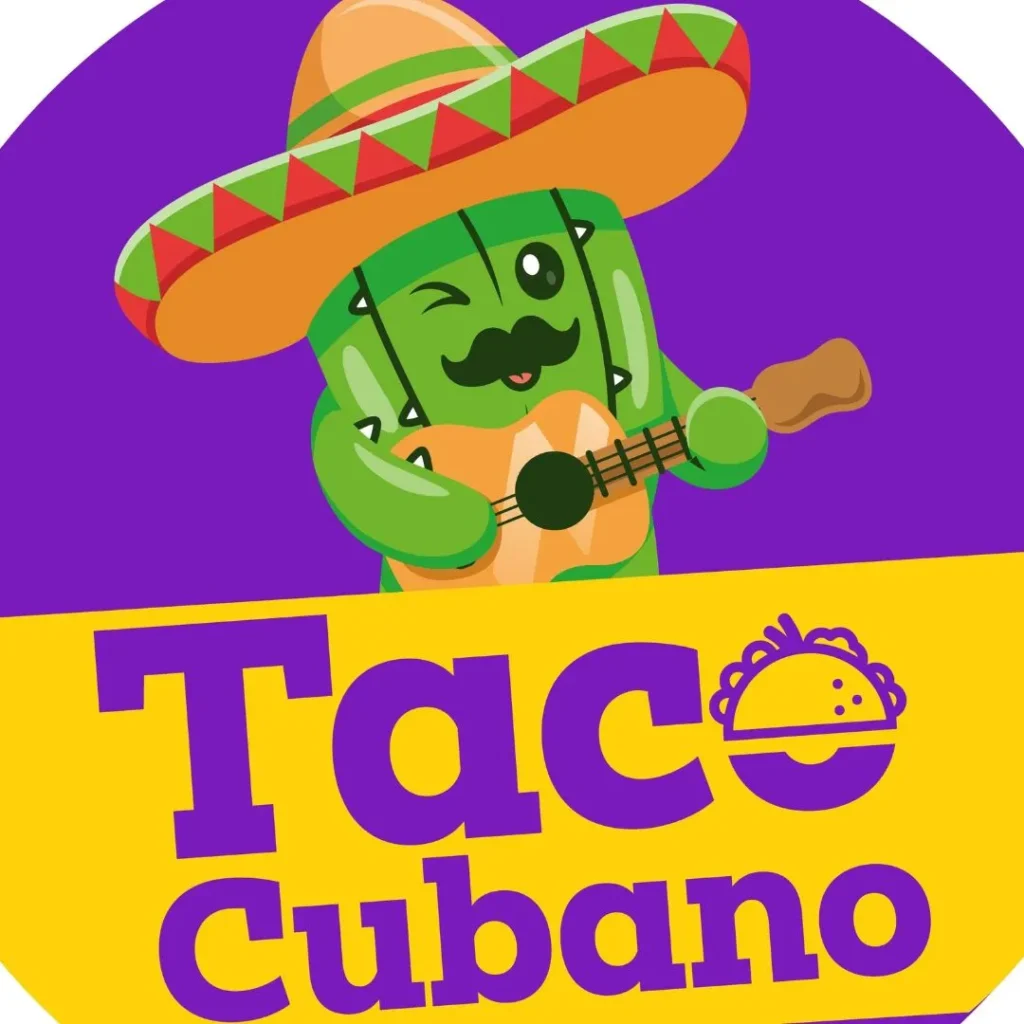 Cute cactus mascot wearing a Mexican sombrero and playing a guitar as part of the Taco Cubano restaurant logo.