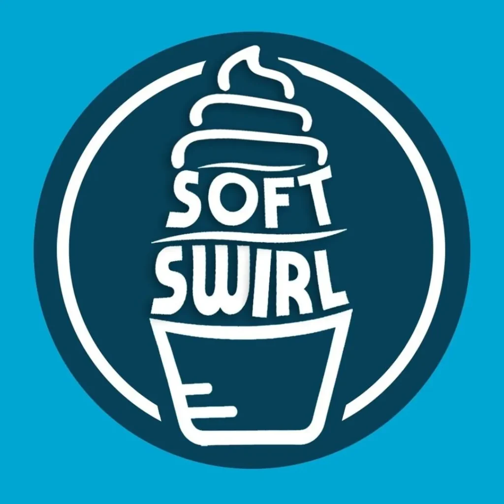 “Soft Swirl logo with a white soft-serve ice cream swirl, bold text, and cup illustration inside a teal circular badge on a blue background.”