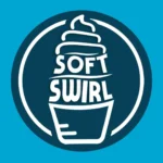 “Soft Swirl logo with a white soft-serve ice cream swirl, bold text, and cup illustration inside a teal circular badge on a blue background.”