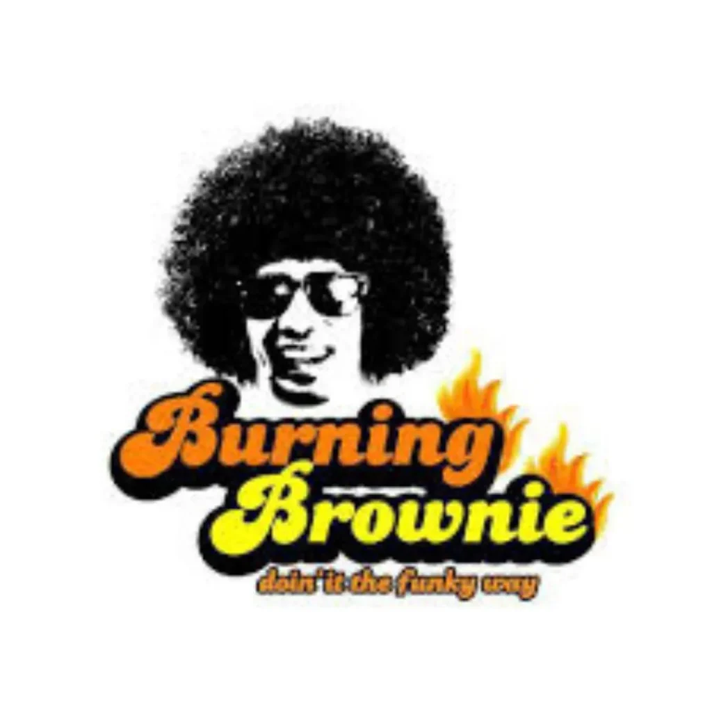 Burning Brownie logo, featuring a funky 70s-inspired character with an afro, sunglasses, and a playful flame design. The name 'Burning Brownie' is in bold, colorful letters with the tagline 'doin' it the funky way' underneath.