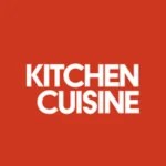 Kitchen Cuisine logo, featuring bold white text on a bright red background. The text 'KITCHEN' is placed above 'CUISINE', creating a simple and modern design.