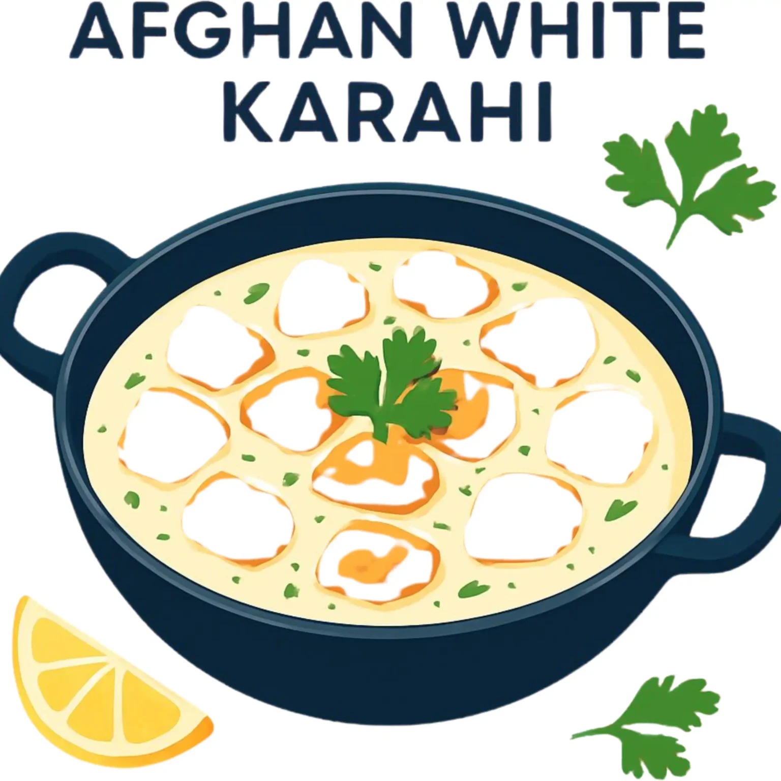 A stylized illustration of Afghan White Karahi served in a dark pan, garnished with herbs and accompanied by a lemon wedge.