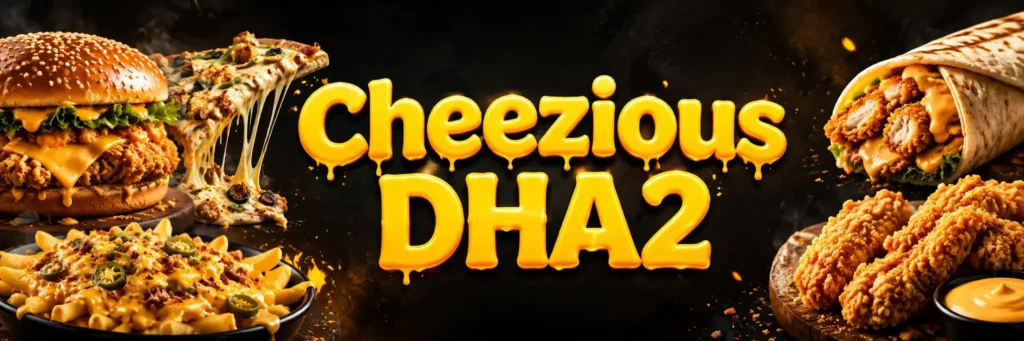 Cheezious DHA2 hero banner with centered yellow cheese-style text, surrounded by burger, pizza slice, loaded fries, fried chicken, wrap, and dark smoky fast-food background.