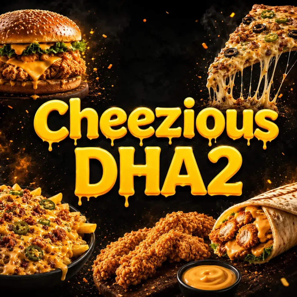 Cheezious DHA2 thumbnail with bold centered cheese-drip text, featuring crispy burger, cheesy pizza, loaded fries, fried chicken tenders, wrap, and golden fast-food styling.