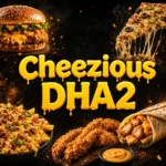 Cheezious DHA2 thumbnail with bold centered cheese-drip text, featuring crispy burger, cheesy pizza, loaded fries, fried chicken tenders, wrap, and golden fast-food styling.