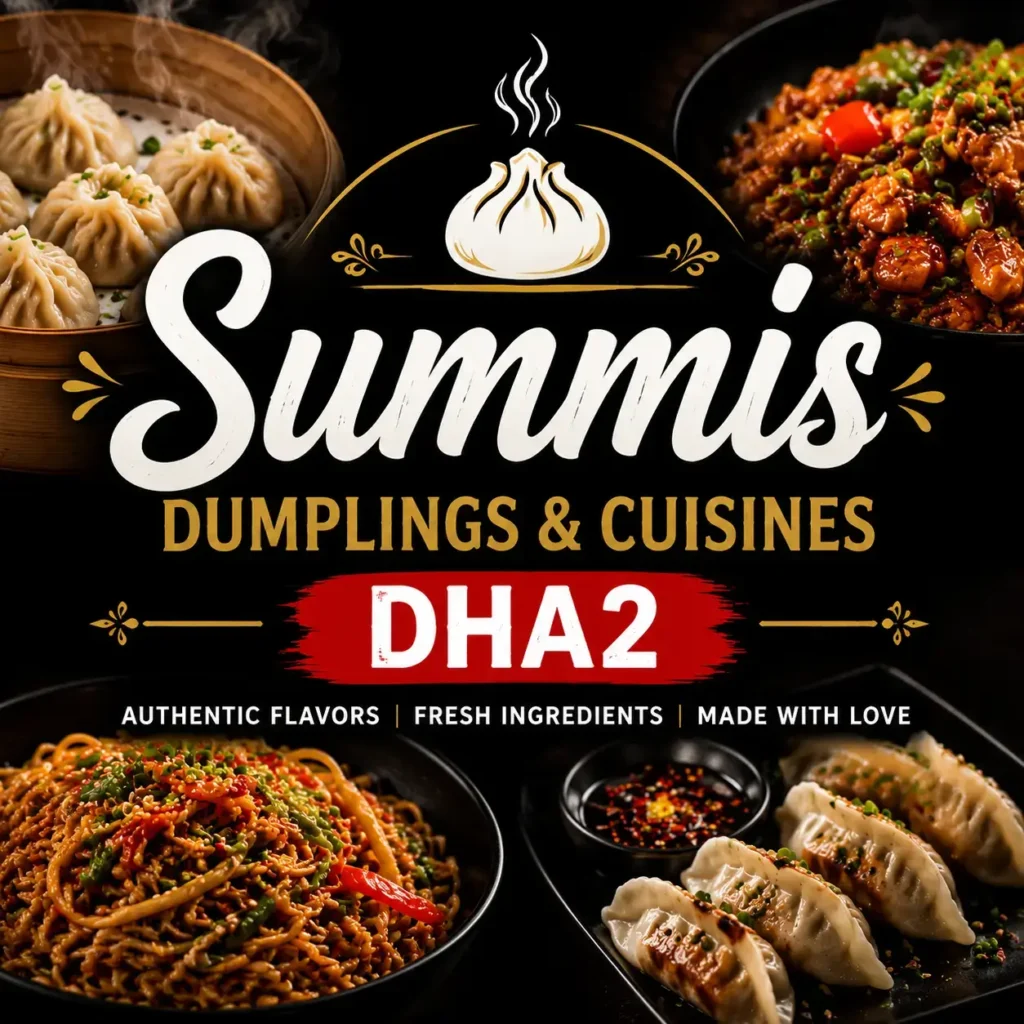 Summis Dumplings & Cuisines DHA2 thumbnail featuring close-up of dumplings, noodles, and Asian stir-fry dishes with bold centered text 'SUMMIS DUMPLINGS & CUISINES DHA2', dark modern background and high-contrast food presentation optimized for mobile display.