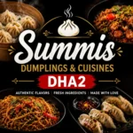 Summis Dumplings & Cuisines DHA2 thumbnail featuring close-up of dumplings, noodles, and Asian stir-fry dishes with bold centered text 'SUMMIS DUMPLINGS & CUISINES DHA2', dark modern background and high-contrast food presentation optimized for mobile display.