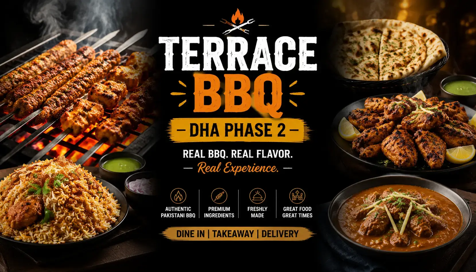 Terrace BBQ DHA2 hero banner showing a variety of Pakistani BBQ dishes including kebabs, tandoori chicken, biryani, naan, and curries with bold centered text 'TERRACE BBQ DHA2', mobile-optimized for viewing.